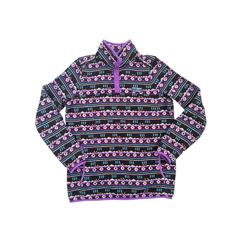 LL Bean Womens M Sweater Fleece Pullover Purple Fair Isle Geometric Snap Neck